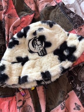 Faux Fur Black & Cream Cow Print Rave Bucket Hat with Skeleton Patch